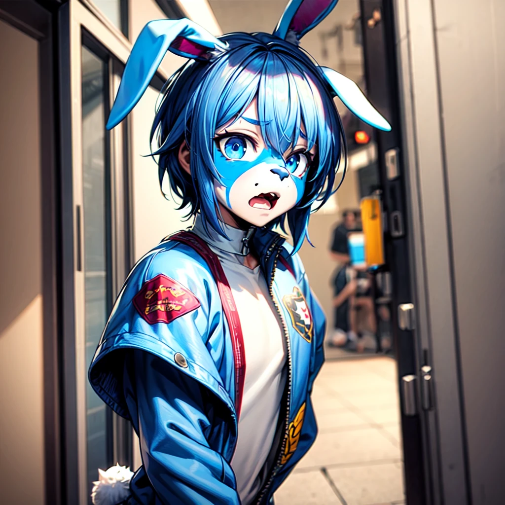 (best quality), (masterpiece), (detailed) male, adult, short blue hair, detailed blue eyes, blue furry rabbit ears, tied up, distressed expression