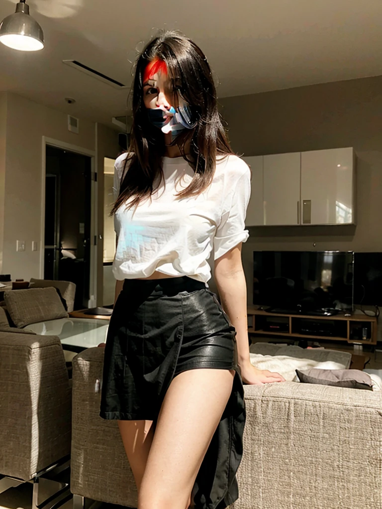 A 20 YEAR OLD WOMAN IN A BLACK SKIRT AND WHITE TOP POSING SENSUALLY IN THE LIVING ROOM OF HER HOUSE,WITH NSFW BACKGROUND LIGHTS SHOWING HER ULTRA-RESISTANT