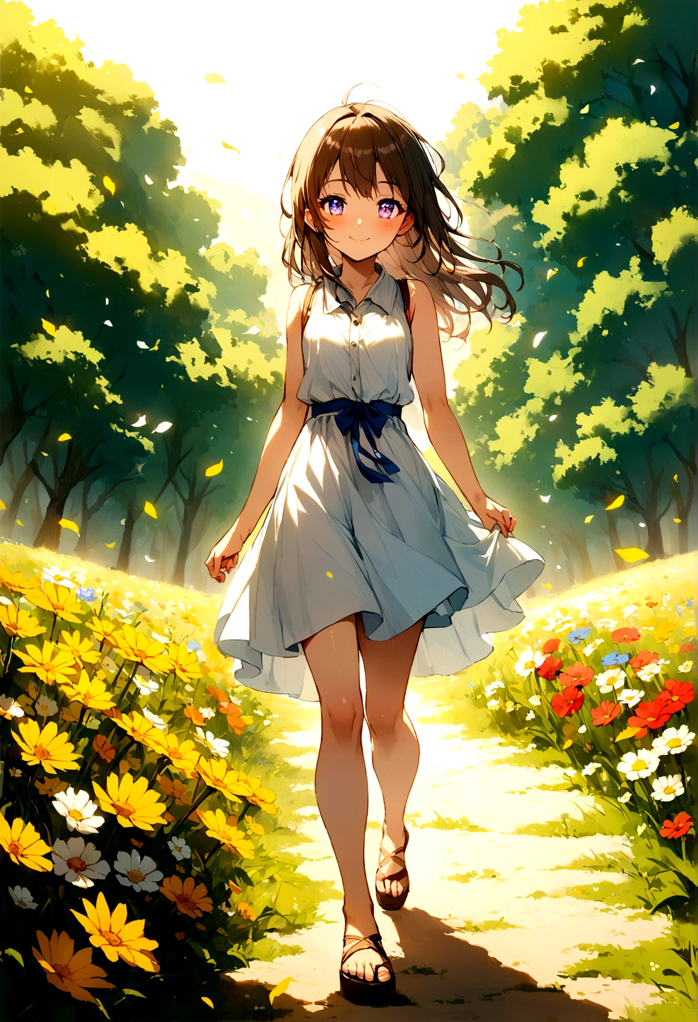 12 year old girl, western clothes、doress、Sleeveless、A smile、Eye Color Contacts、accessorized、full body Esbian、Walking、summer、flower meadow 