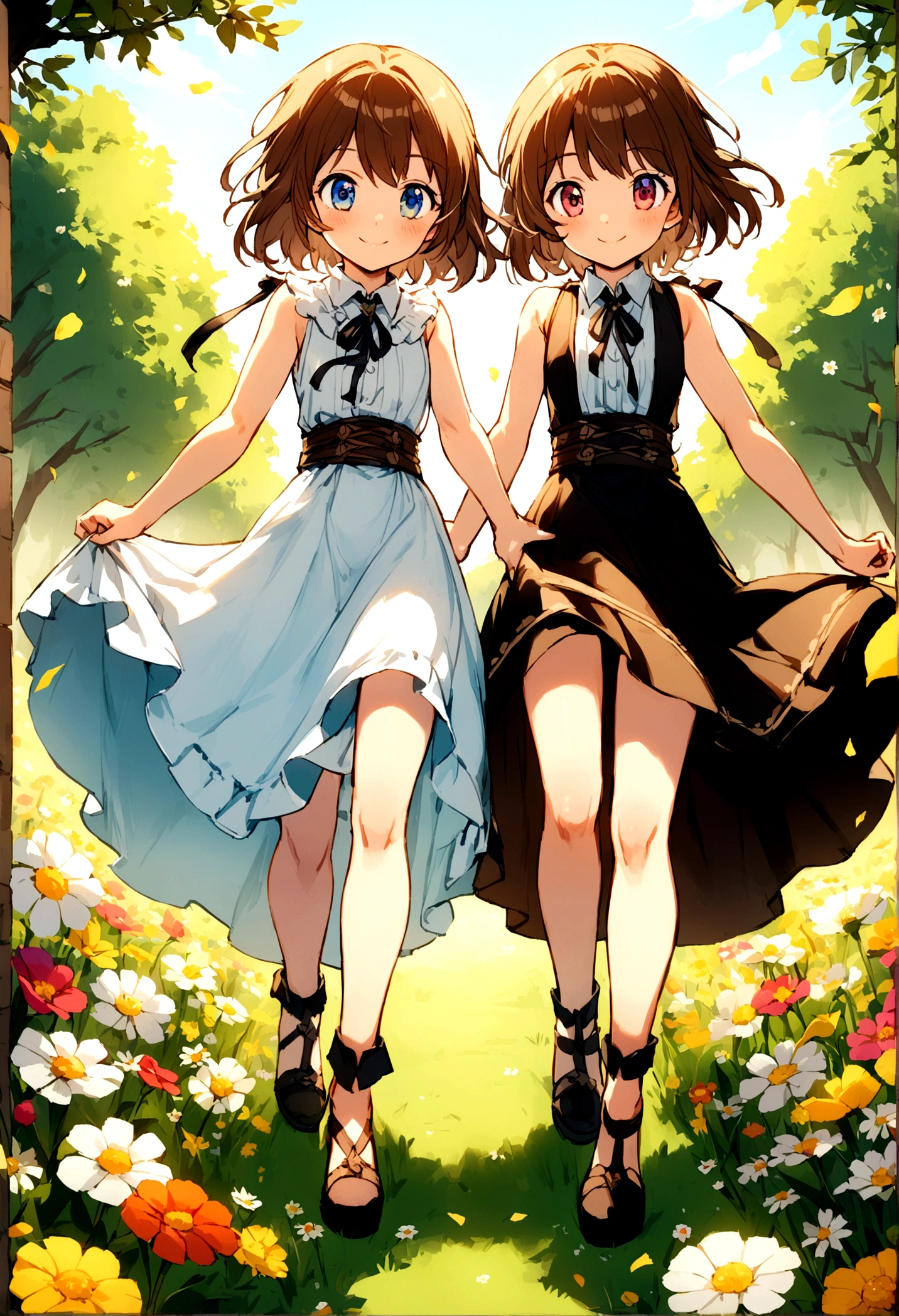 12 year old girl, western clothes、doress、Sleeveless、A smile、Eye Color Contacts、accessorized、full body Esbian、Walking、summer、flower meadow