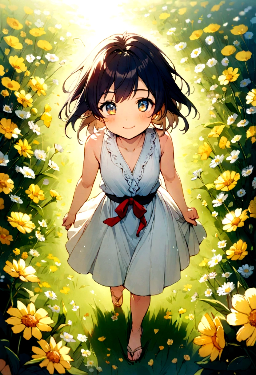 12 year old girl, western clothes、doress、Sleeveless、A smile、Eye Color Contacts、accessorized、full body Esbian、Walking、summer、flower meadow