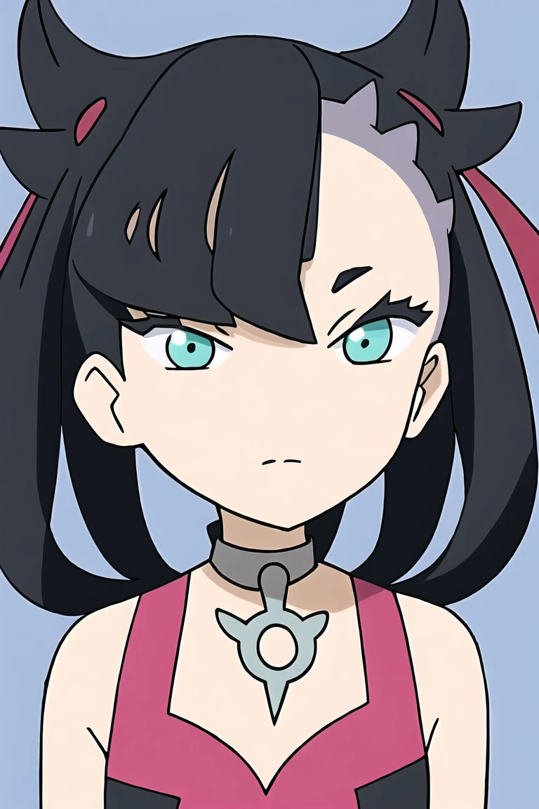 pokemonmarnie, aqua eyes, asymmetrical bangs, asymmetrical hair, black hair, hair ribbon, long hair, red ribbon, ribbon, twintails,