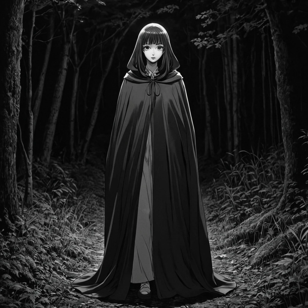 woman in a cloak in the night forest (anime), bizarre scenario, This is Junji, Yusuke Murata, black and white, 8K, anime, horror