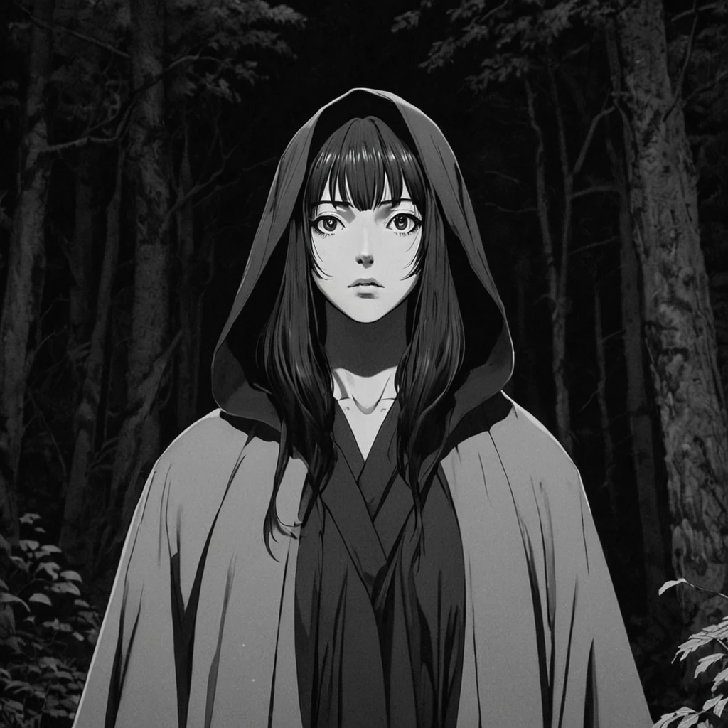woman in a cloak in the night forest (anime), bizarre scenario, This is Junji, Yusuke Murata, black and white, 8K, anime, horror