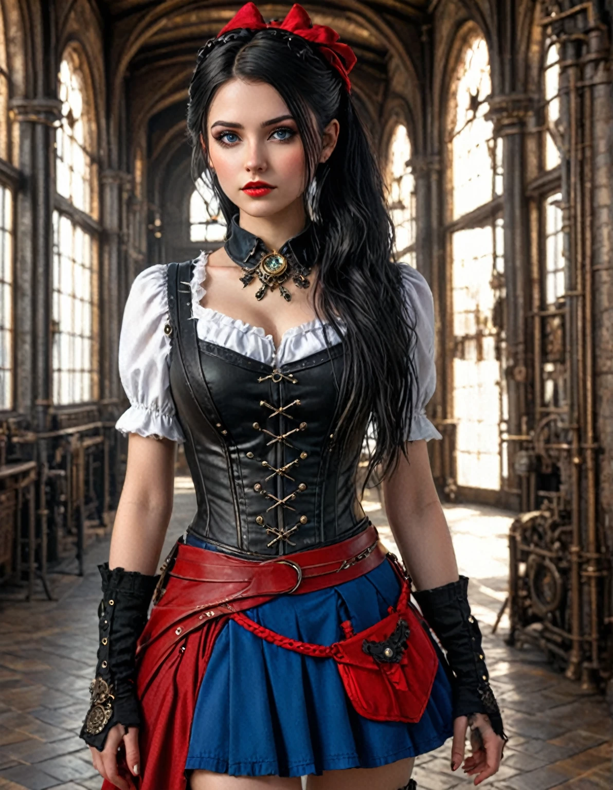 There is a woman in a costume standing in a building, steampunk fantasy style, Steampunk Beautiful Anime Woman, Gothic Virgin, Steampunk clothing, Steampunk girl, in a detailed steampunk dress, steampunk fantasy, medieval style, fantasy style clothes, Yennefer of vengerberg, Fantasy outfit, Magic and steampunk inspired, Yennefer, Vests and corsets