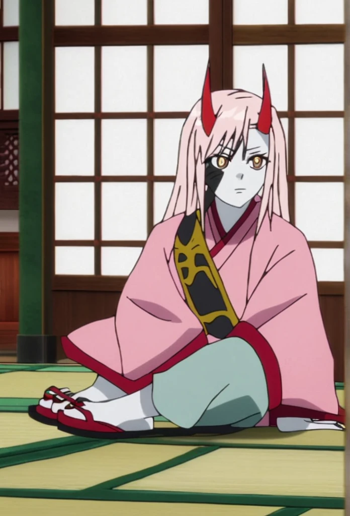 Demon slayer screencap of a Woman, Light pink hair with dark tips, golden eyes with cat-like pupils, small red horns, pale skin, black cracks with gold accents on the face and neck wearing pants with slits on the sides of both legs, and the dark pink hunter uniform on the top, large red nails, pink kimono with red and red spider lilies drawn Traditional Chinese slippers . Scenery Daylight in a traditional Japanese house. UFOTABLE studios screencap