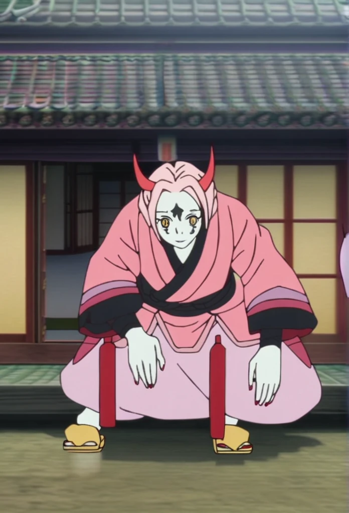 Demon slayer screencap of a Woman, Light pink hair with dark tips, golden eyes with cat-like pupils, small red horns, pale skin, black cracks with gold accents on the face and neck wearing pants with slits on the sides of both legs, and the dark pink hunter uniform on the top, large red nails, pink kimono with red and red spider lilies drawn Traditional Chinese slippers . Scenery Daylight in a traditional Japanese house. UFOTABLE studios screencap