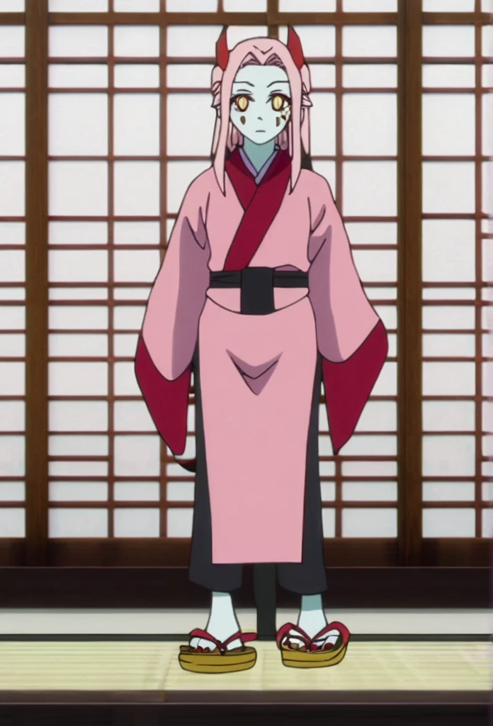 Demon slayer screencap of a Woman, Light pink hair with dark tips, golden eyes with cat-like pupils, small red horns, pale skin, black cracks with gold accents on the face and neck wearing pants with slits on the sides of both legs, and the dark pink hunter uniform on the top, large red nails, pink kimono with red and red spider lilies drawn Traditional Chinese slippers . Scenery Daylight in a traditional Japanese house. UFOTABLE studios screencap