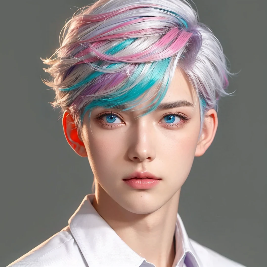 Handsome boy, (white hair highlighted with pink, turquoise, and purple), light blue eyes, wearing white formal