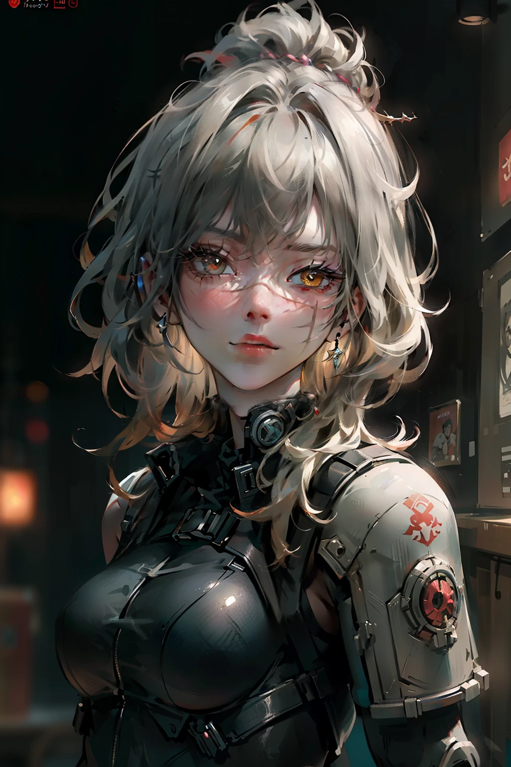 ((best quality)), ((Masterpiece)), (details:1.4), 3d, Image of a beautiful cyberpunk woman., HDR (high dynamic range), mature woman, long hair, blonde hair, future police, PBR surface, After processing, Anisotropic filtration,depth of field, Maximum clarity and clarity, multi-layered surface, perfect proportions, 8K raw files, future world, at night, Scars on the face,