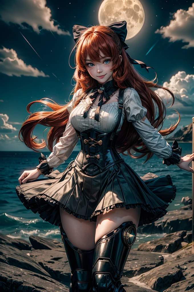 night, moon, stars, cowboy shot, (dynamic pose), smile, underbust, Penny Polendina, long red hair, neck ribbon, suspender skirt, corset, black bow, white blouse, mechanical legs, neon trim, flying in the sky, over ocean, blue sky, clouds (volumetric lighting), intricate details, tonemapping, sharp focus, hyper detailed