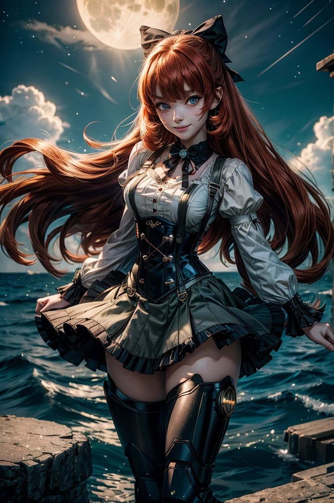 night, moon, stars, cowboy shot, (dynamic pose), smile, underbust, Penny Polendina, long red hair, neck ribbon, suspender skirt, corset, black bow, white blouse, mechanical legs, neon trim, flying in the sky, over ocean, blue sky, clouds (volumetric lighting), intricate details, tonemapping, sharp focus, hyper detailed