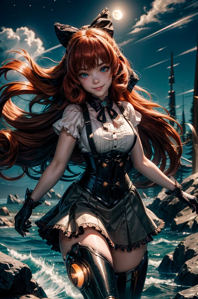 night, moon, stars, cowboy shot, (dynamic pose), smile,  underbust, Penny Polendina, long red hair, neck ribbon, suspender skirt, corset, black bow, white blouse, mechanical legs, neon trim, flying in the sky, over ocean, blue sky, clouds (volumetric lighting), intricate details, tonemapping, sharp focus, hyper detailed

