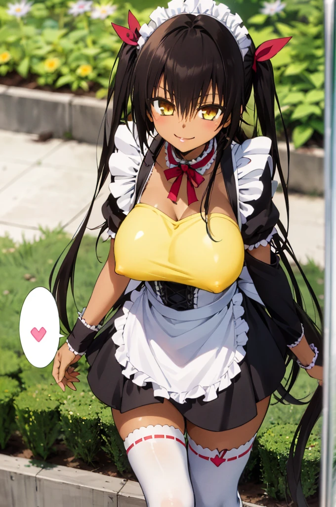 1girl, aster nemesis, ((dark-skinned)) , black hair, very long hair, yellow eyes, , twin tails, looking viewer, , , tanned body,, ,,,,,(spoken heart),(((maid costume))),miniskirt,thighhighs,,,smile,((huge breasts)),garden,