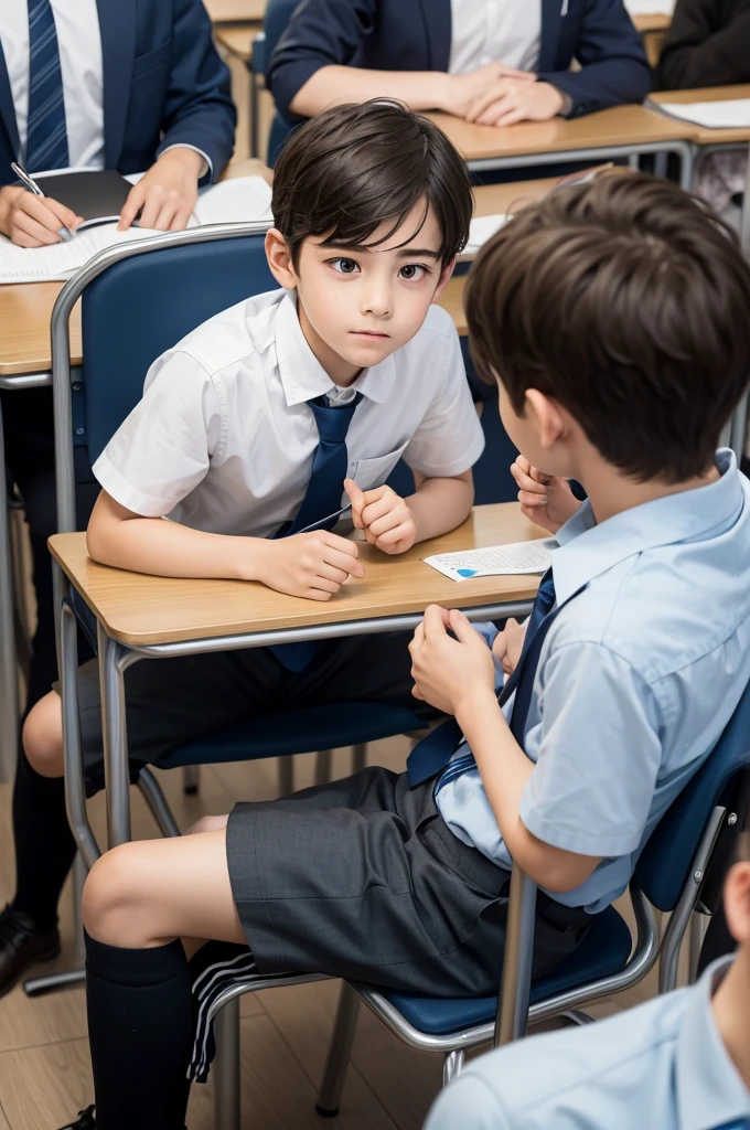 Boy at school sitting on the chair with a very tired face with the focus on him, on the right side several happy students, on the left side several tired students, realistic
