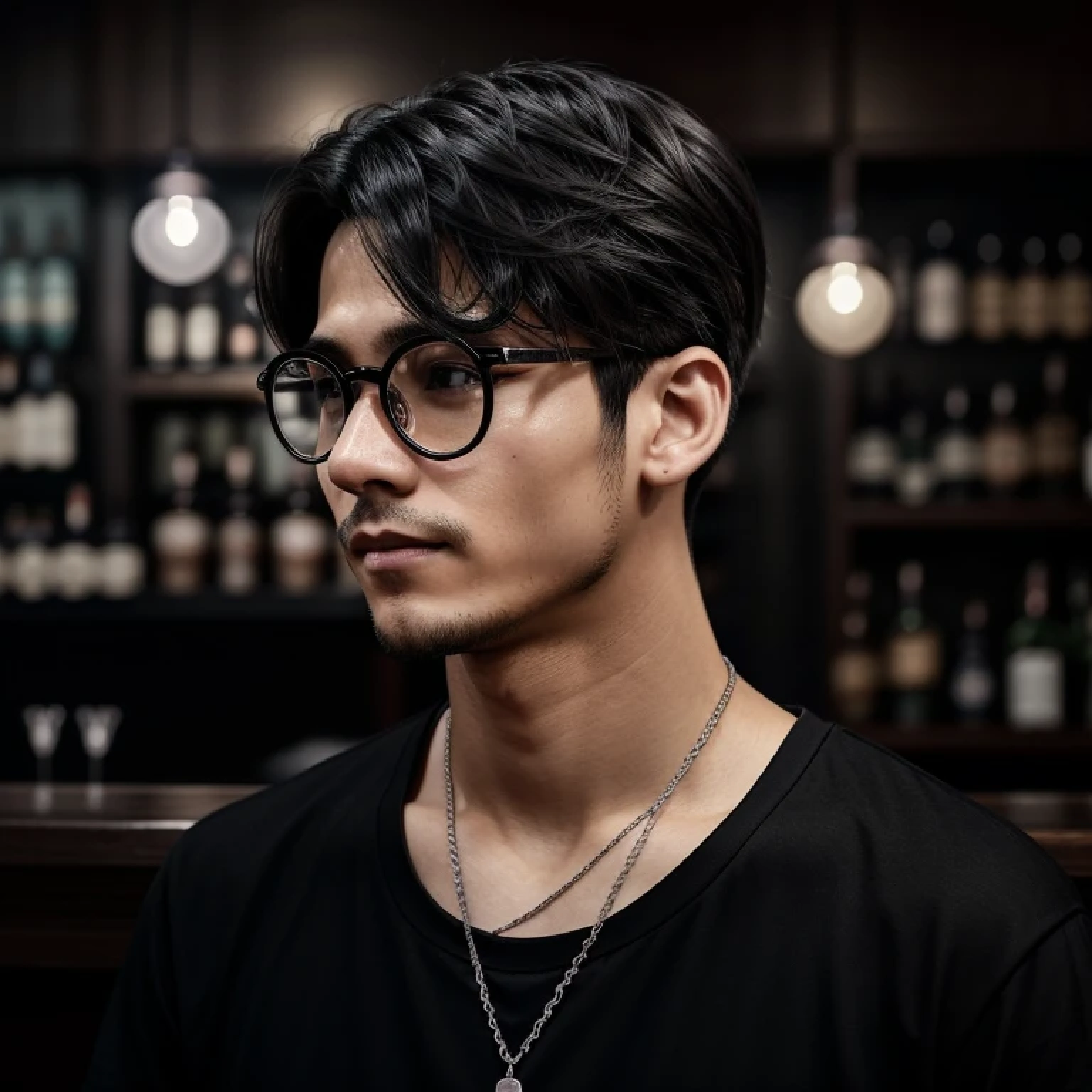 A man with short, center-parted hair、My hair is slightly hanging over my eyes、Wearing thin-rimmed round glasses、cool、Short sleeve black clothing、Thin silver necklace、In a bar on a dark night、Looking away