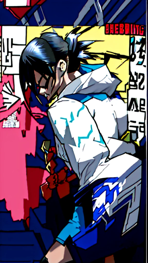A girl in the Boku no hero style, She is wearing her hero outfit which consists of a long-sleeved jumpsuit that covers her entire neck and ends in shorts., on top a kimono with a raven on each side.
A has black hair with blue highlights tied in a ponytail and cut on the sides... She has freckles on her dark skin with one green and one blue eye... She has a horn on each side of her head, she is saying, She goes to school, a photo from the front and behind her everything is green