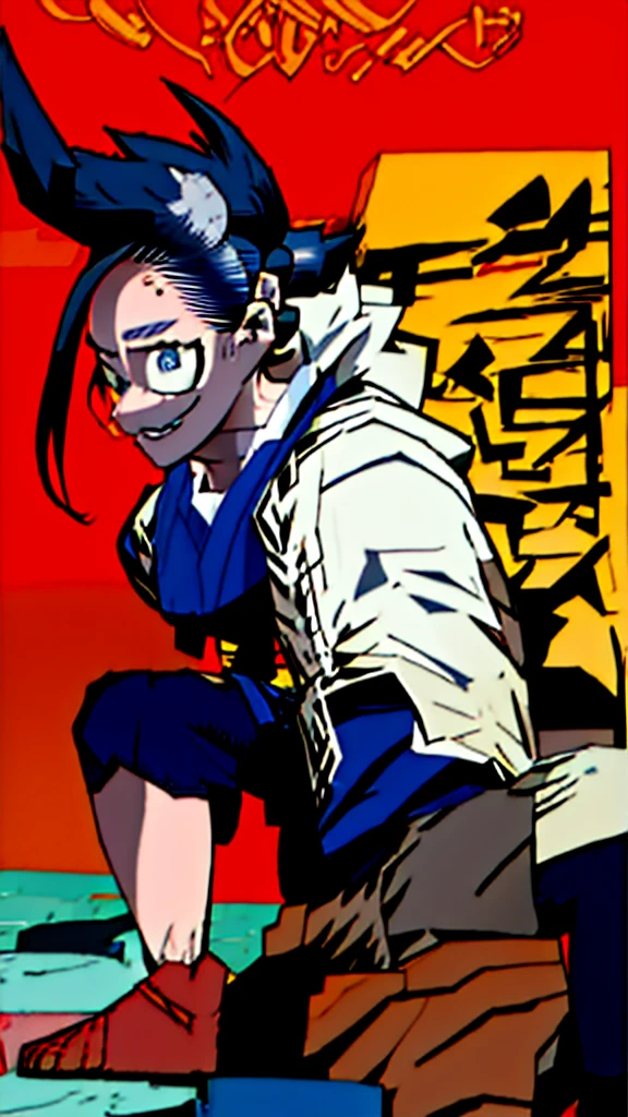 A girl in the Boku no hero style, She is wearing her hero outfit which consists of a long-sleeved jumpsuit that covers her entire neck and ends in shorts., on top a kimono with a raven on each side.
A has black hair with blue highlights tied in a ponytail and cut on the sides... She has freckles on her dark skin with one green and one blue eye... She has a horn on each side of her head, she is saying, She goes to school, a photo from the front and behind her everything is green
