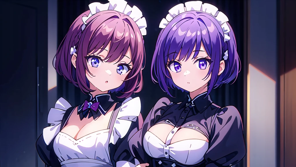 2girls, short purple hair, cute eyes, wearing maid costume, close portrait, close, high res, ultrasharp, 8K, masterpiece, looking at viewer