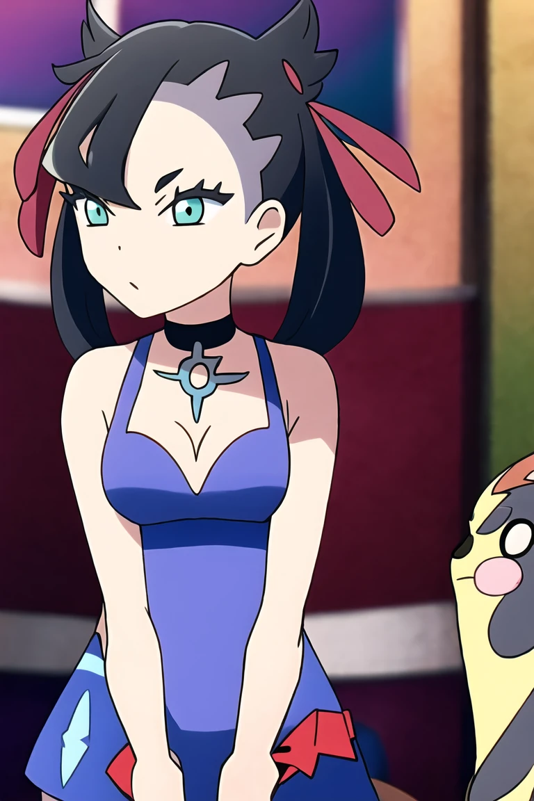 pokemonmarnie, aqua eyes, asymmetrical bangs, asymmetrical hair, black hair, hair ribbon, long hair, red ribbon, ribbon, twintails, room, breasts, cleavage