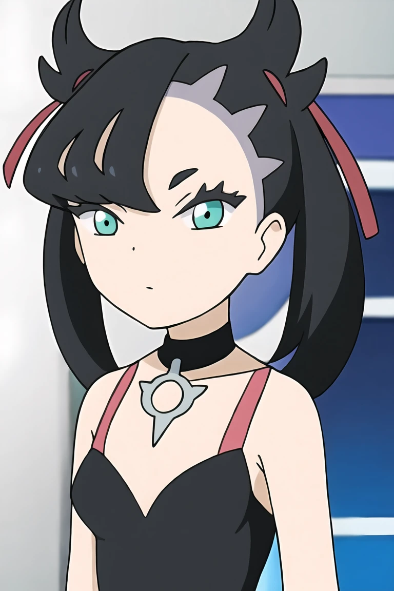 pokemonmarnie, aqua eyes, asymmetrical bangs, asymmetrical hair, black hair, hair ribbon, long hair, red ribbon, ribbon, twintails, room, breasts, cleavage