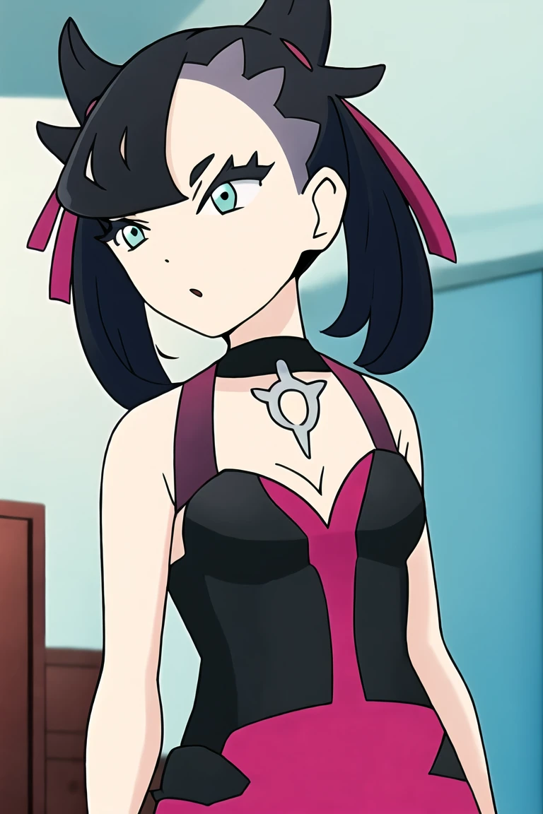 pokemonmarnie, aqua eyes, asymmetrical bangs, asymmetrical hair, black hair, hair ribbon, long hair, red ribbon, ribbon, twintails, room, breasts, cleavage