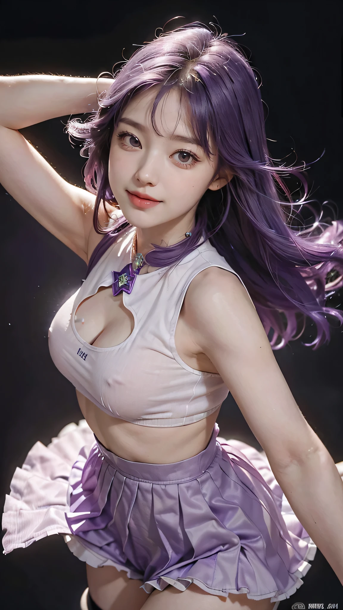 Hosino Ai, gloves, tongue sticking out, tongue, long hair, star (symbol), watch viewer, (purple hair: 1.2), purple eyes, upper body, hair ornament, ruffles, pink shirt, smile, sleeveless, shirt, idol, symbol shaped pupil, hands raised, bangs, one side up, star-shaped pupils, arms raised, dresspull, roaring twenties, isometric, from above, full body, rembrandt, Illustration, detail, depth of field, looking at the viewer, peace sign, hand raised, tongue out, highest quality, high resolution.