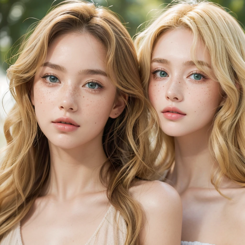 Create a woman represented from the neck up, with blonde and curly hair, green eyes and light freckles. 