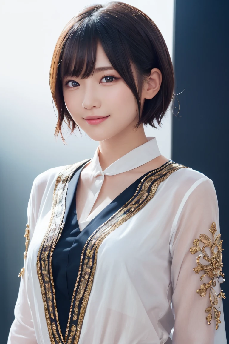 1 Girl, (Wearing colorful stage costumes:1.2), Very beautiful Japanese idol portraits, Face close-up, (RAW Photos, Highest quality), (Realistic, Realistic:1.4), (masterpiece), Very delicate and beautiful, Very detailed, 2k wallpaper, wonderful, finely, Very detailed CG Unity 8K wallpaper, Very detailed, High resolution, Soft Light, Beautiful detailed girl, Very detailed目と顔, Beautiful and sophisticated nose, Beautiful and beautiful eyes, Cinema Lighting, (Simple light color background:1.3), (short hair), (Bob), Complete Anatomy, Slender body, Small breasts, smile、In town