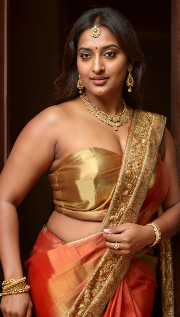 Foto RAW, photorealistic, photography, full body shot, 50 years old Woman, master shot, perfect eyes, goddess like beauty, pierced eyes, perfect thick chubby mallu Desi aunty bhabhi, Wearing a Stanapatta, a chest-band.Saree model, model Photography, Indian saree shoot, Indian traditional wear advertising photography, traditional wear brand shoot, face of Indian actress Sonakshi Sinha, masterpiece, realistic, realism, incredible details,  pleasure, photorealism, detailed skin, skin pores, high contrast, photorealistic Artstation 8k HD digital art trend of high definition and detailed realistic skin texture, ultra detail, realistic skin texture, armature, best quality, ultra high definition, (photorealistic:1.4),, high resolution, detail, raw photo, sweat, Re sharp, by Lee Jefferies Nikon D850 Film Stock Photo 4 Kodak Portra 400 Camera F1.6 Lens Rich Color Ultra Real Realistic Realistic Textures Dramatic Lighting Unreal Engine Trending at Art Station Cinestill 800,(pele altamente detalhada: 1.2), 8k UHD, DSLR, soft-lighting, alta qualidade, grain of film, Fujifilm XT3,she didn't like to wear blouse or bra, she is happy to wear only saree, she hates blouse or bra, detailed hairy armpits, hyper realistic skin, skin pores, sweat, veins, short hairs on armpit, stubble armpits, hyper realistic hairy armpits, low waist saree, 