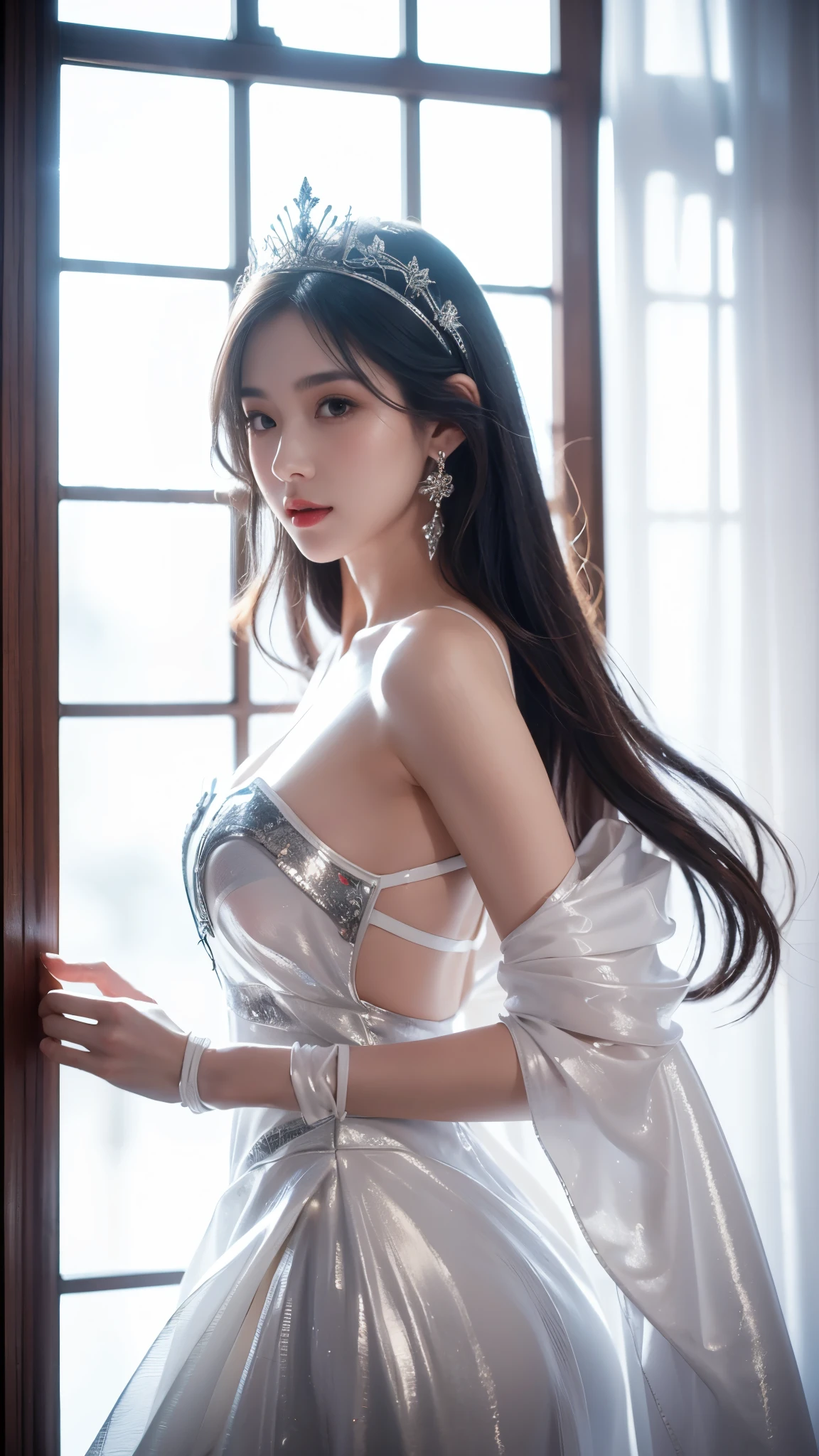 4K, UHD, masterpeice, 1 girl, petfect body, good face, very long hair, ((white skin)), fairytale outfit, silver coutfit, bare waist, fujicolor, window, depth of field, ray tracing, ultra realistic detailes,