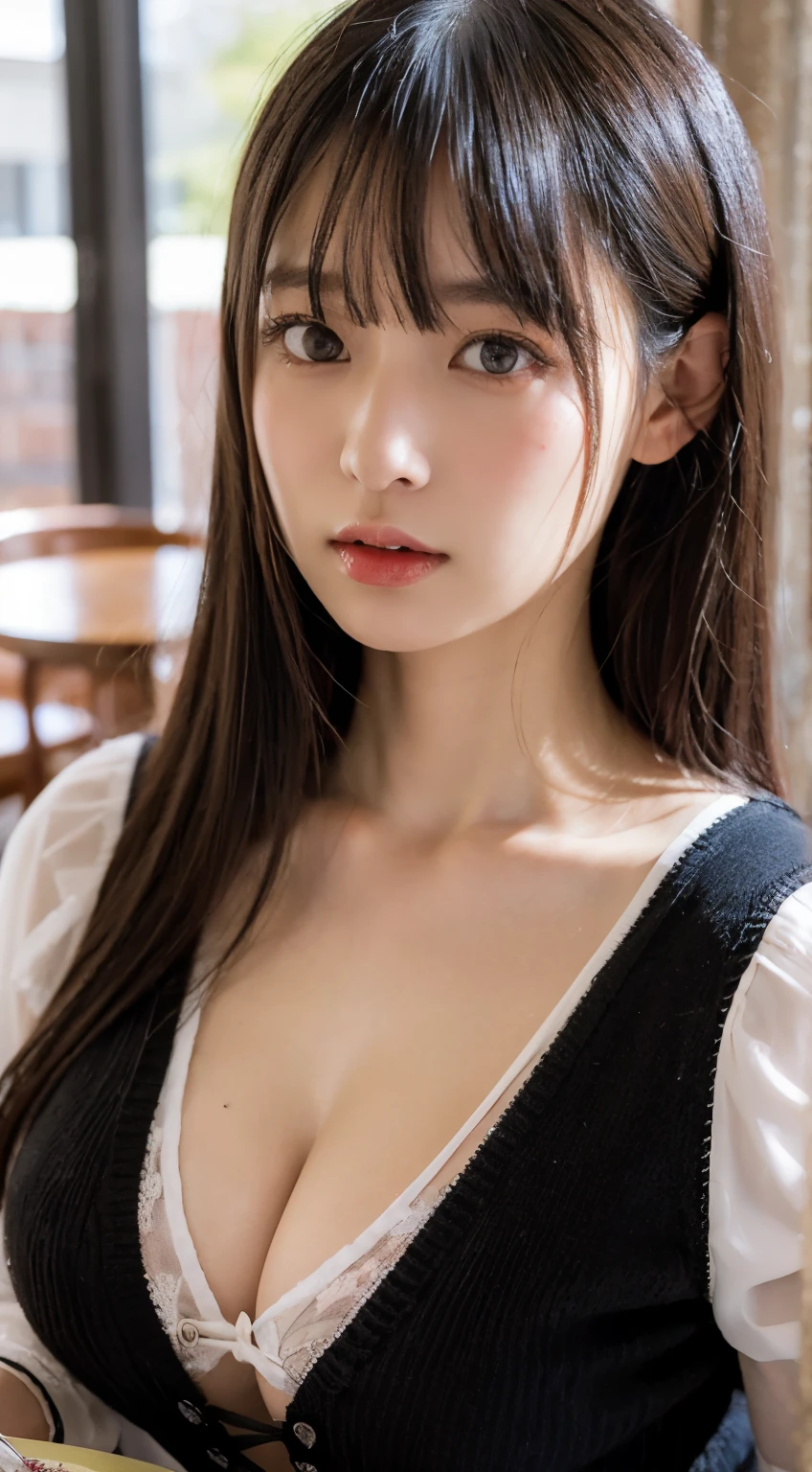 studying in a café, 24 years old, super breasts, drooping milk, soft, sweat, knitted V neck,Extremely large breasts,
A full-body illustration of a girl with extremely large breasts, long black hair in a hime cut with straight bangs, and blue eyes. She is wearing a black Gothic ta dress and has very long black