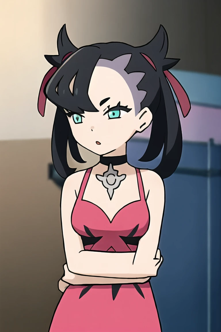 pokemonmarnie, aqua eyes, asymmetrical bangs, asymmetrical hair, black hair, hair ribbon, long hair, red ribbon, ribbon, twintails, room, breasts, cleavage
