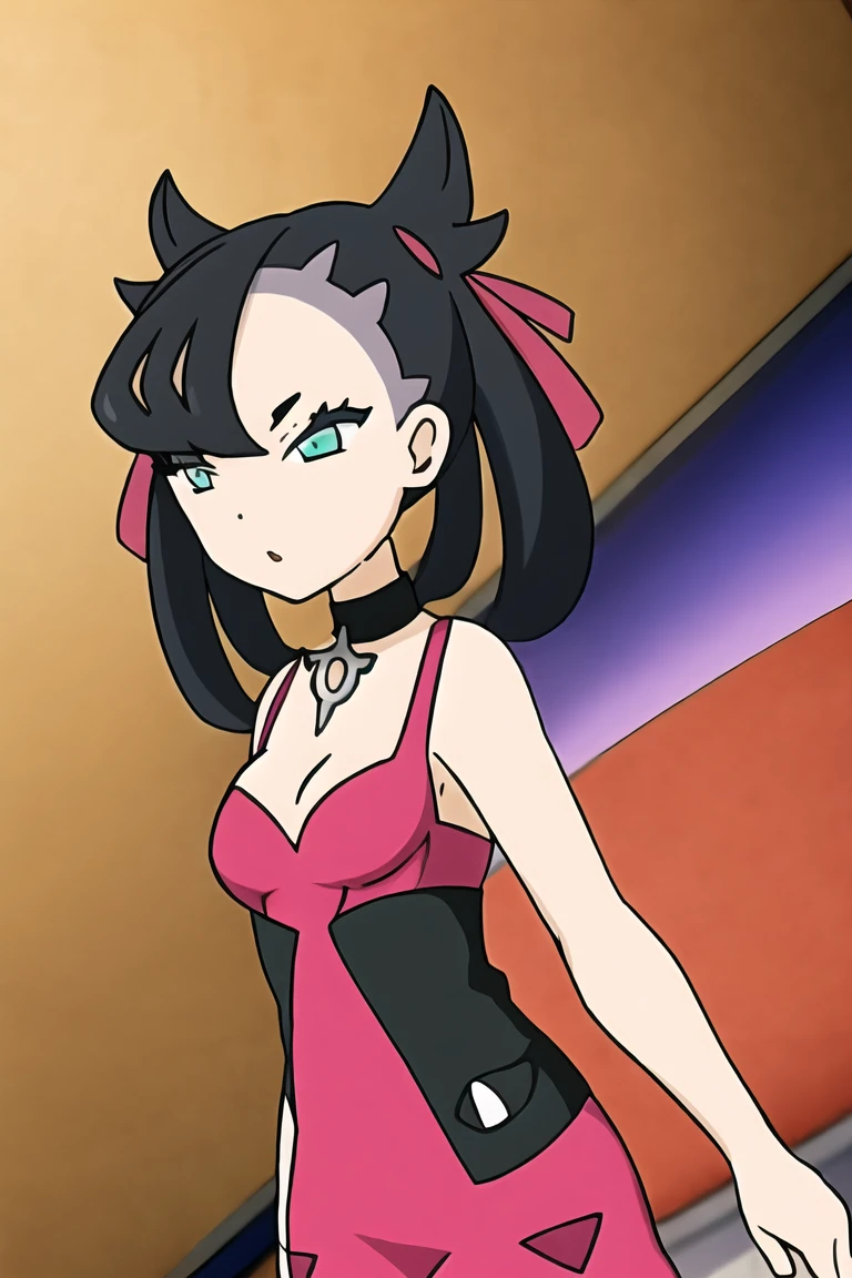 pokemonmarnie, aqua eyes, asymmetrical bangs, asymmetrical hair, black hair, hair ribbon, long hair, red ribbon, ribbon, twintails, room, breasts, cleavage
