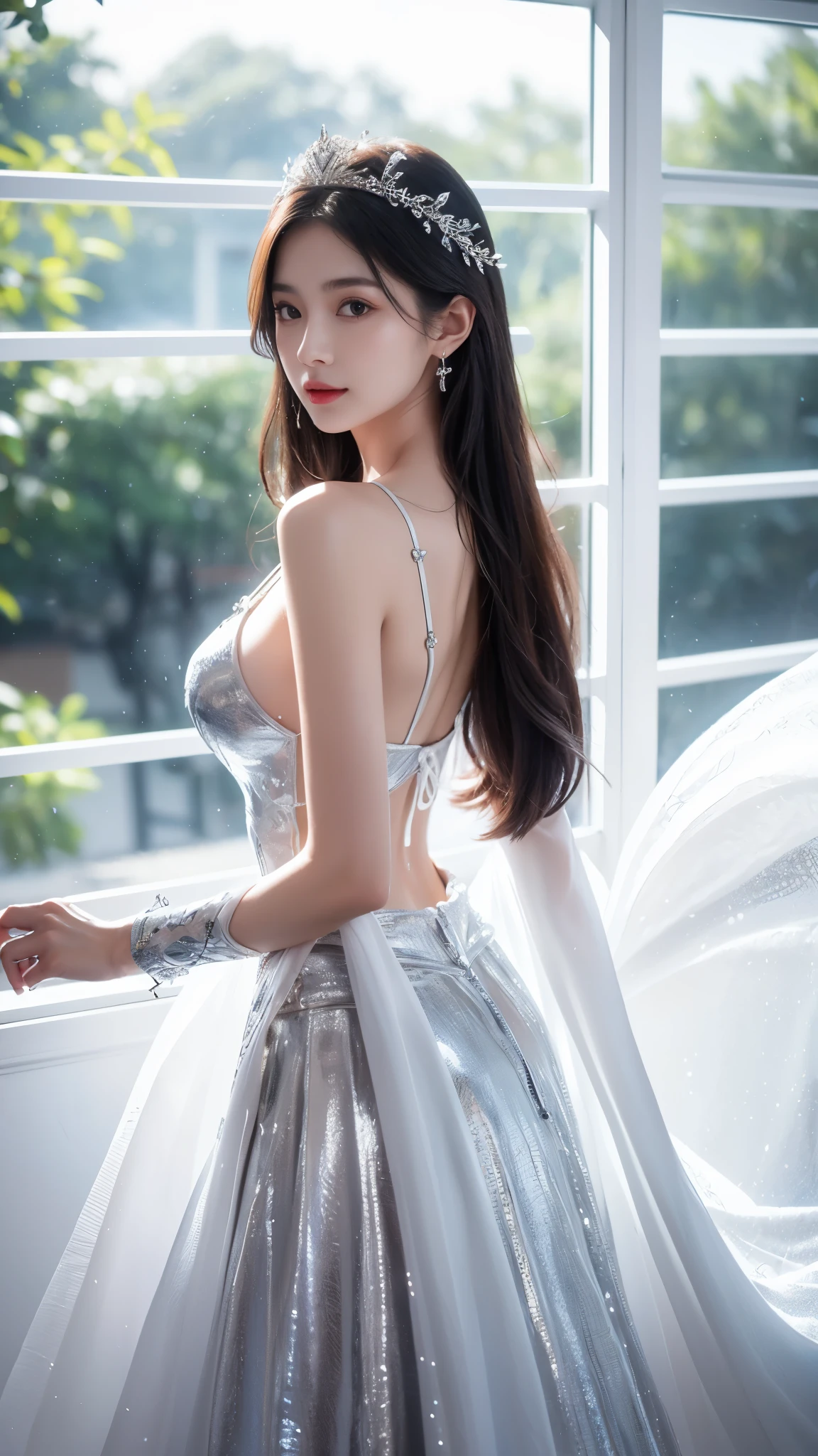 4K, UHD, masterpeice, 1 girl, petfect body, good face, very long hair, ((white skin)), fairytale outfit, silver coutfit, bare waist, fujicolor, window, depth of field, ray tracing, ultra realistic detailes,