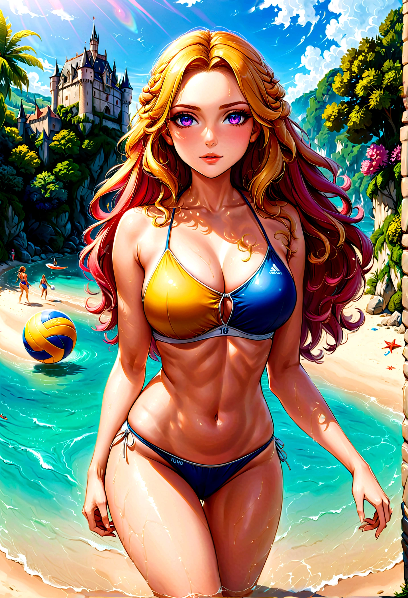 a masterful picture of a woman playing volley ball on an on coast of the Loir river, an extraordinary beautiful renaissance woman, long hair, wavy hair, dynamic hair color, dynamic eye color, playing volley ball in a beautiful beach on the Loir river, best detailed face, a French medieval castle on the river bank in the background, Ultra-high resolution, High Contrast, (masterpiece:1.5), highest quality, Best aesthetics), best details, best quality, highres, 16k, [ultra detailed], masterpiece, best quality, (extremely detailed), Intense gaze, chumbasket art style, 