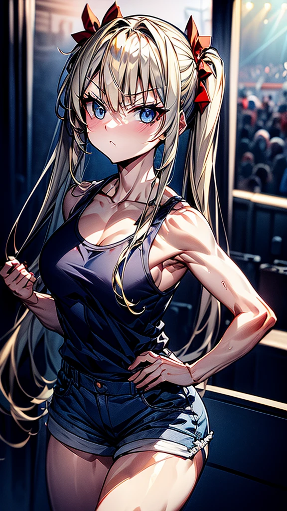 Full portrait, very slender. Long, blonde hair. She has blue eyes. pigtails tied with a red ribbon, tank top with blue jeans shorts at a concert. taking a selfie.  portrait.