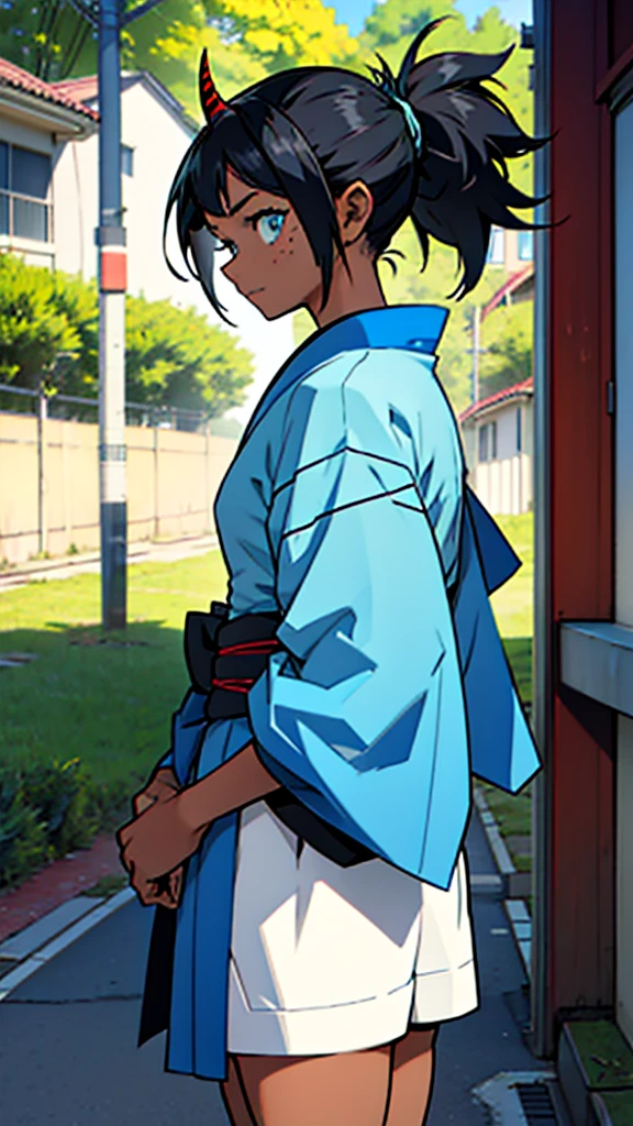   A girl in the Boku no hero style, She is wearing her hero outfit which consists of a long-sleeved jumpsuit that covers her entire neck and ends in shorts., on top a kimono with a raven on each side.
A has black hair with blue highlights tied in a ponytail and cut on the sides... She has freckles on her dark skin with one green and one blue eye... She has a horn on each side of her head, she is saying, She goes to school, a photo from the front and behind her everything is green 