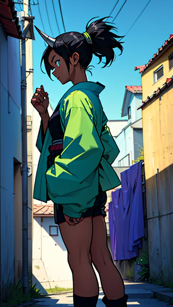   A girl in the Boku no hero style, She is wearing her hero outfit which consists of a long-sleeved jumpsuit that covers her entire neck and ends in shorts., on top a kimono with a raven on each side.
A has black hair with blue highlights tied in a ponytail and cut on the sides... She has freckles on her dark skin with one green and one blue eye... She has a horn on each side of her head, she is saying, She goes to school, a photo from the front and behind her everything is green 