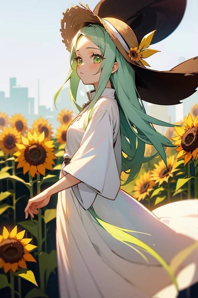 white dresses，White canvas shoeature girls，long white hair，Light green eyes，Wearing a straw hat，Sunflowers in straw hats，adolable，vivaciousness, demon slayer clothing