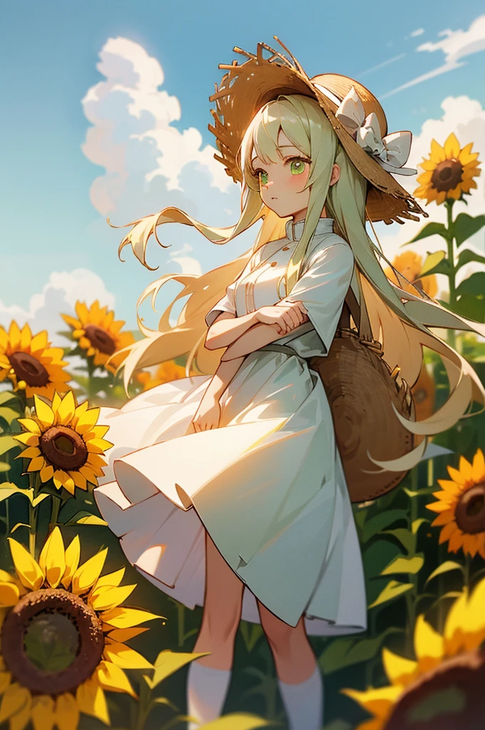 white dresses，White canvas shoeature girls，long white hair，Light green eyes，Wearing a straw hat，Sunflowers in straw hats，adolable，vivaciousness, demon slayer clothing