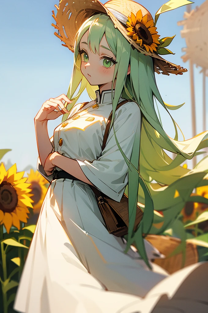 white dresses，White canvas shoeature girls，long white hair，Light green eyes，Wearing a straw hat，Sunflowers in straw hats，adolable，vivaciousness, demon slayer clothing