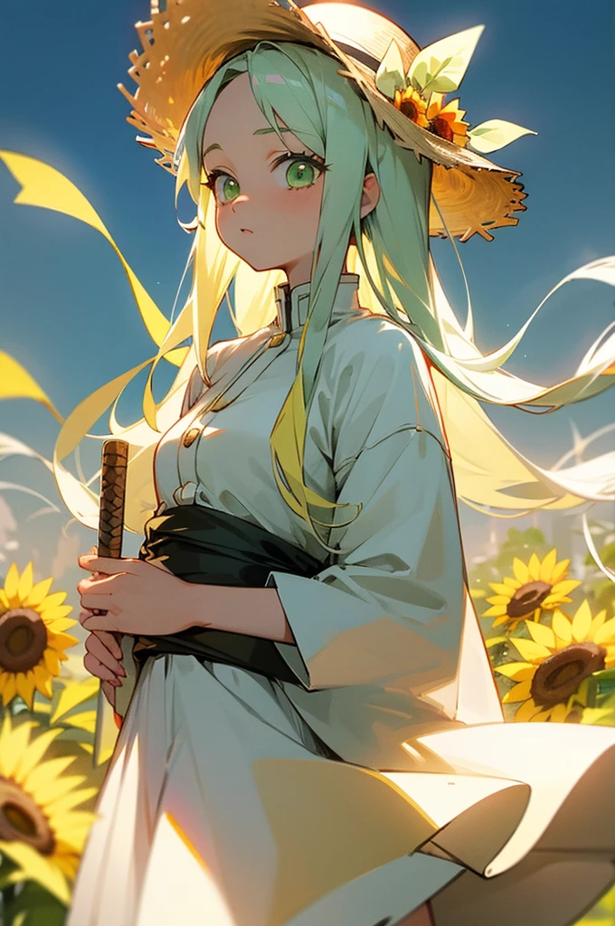 white dresses，White canvas shoeature girls，long white hair，Light green eyes，Wearing a straw hat，Sunflowers in straw hats，adolable，vivaciousness, demon slayer clothing