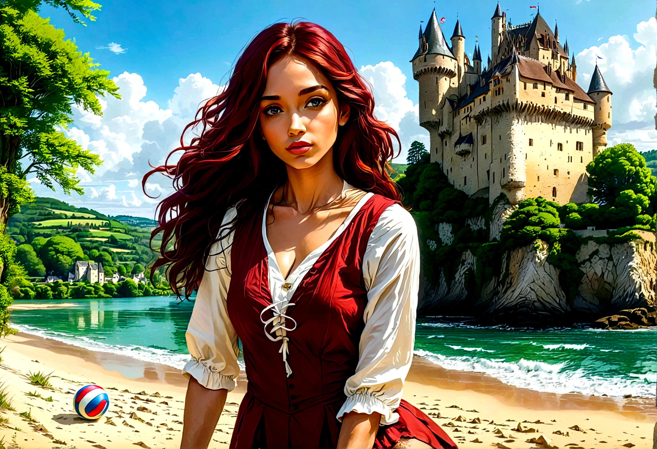 a masterful picture of a woman playing volley ball on an on coast of the Loir river, an extraordinary beautiful renaissance woman, long hair, wavy hair, dynamic hair color, dynamic eye color, playing volley ball in a beautiful beach on the Loir river, best detailed face, a French medieval castle on the river bank in the background, Ultra-high resolution, High Contrast, (masterpiece:1.5), highest quality, Best aesthetics), best details, best quality, highres, 16k, [ultra detailed], masterpiece, best quality, (extremely detailed), Intense gaze, chumbasket art style, 