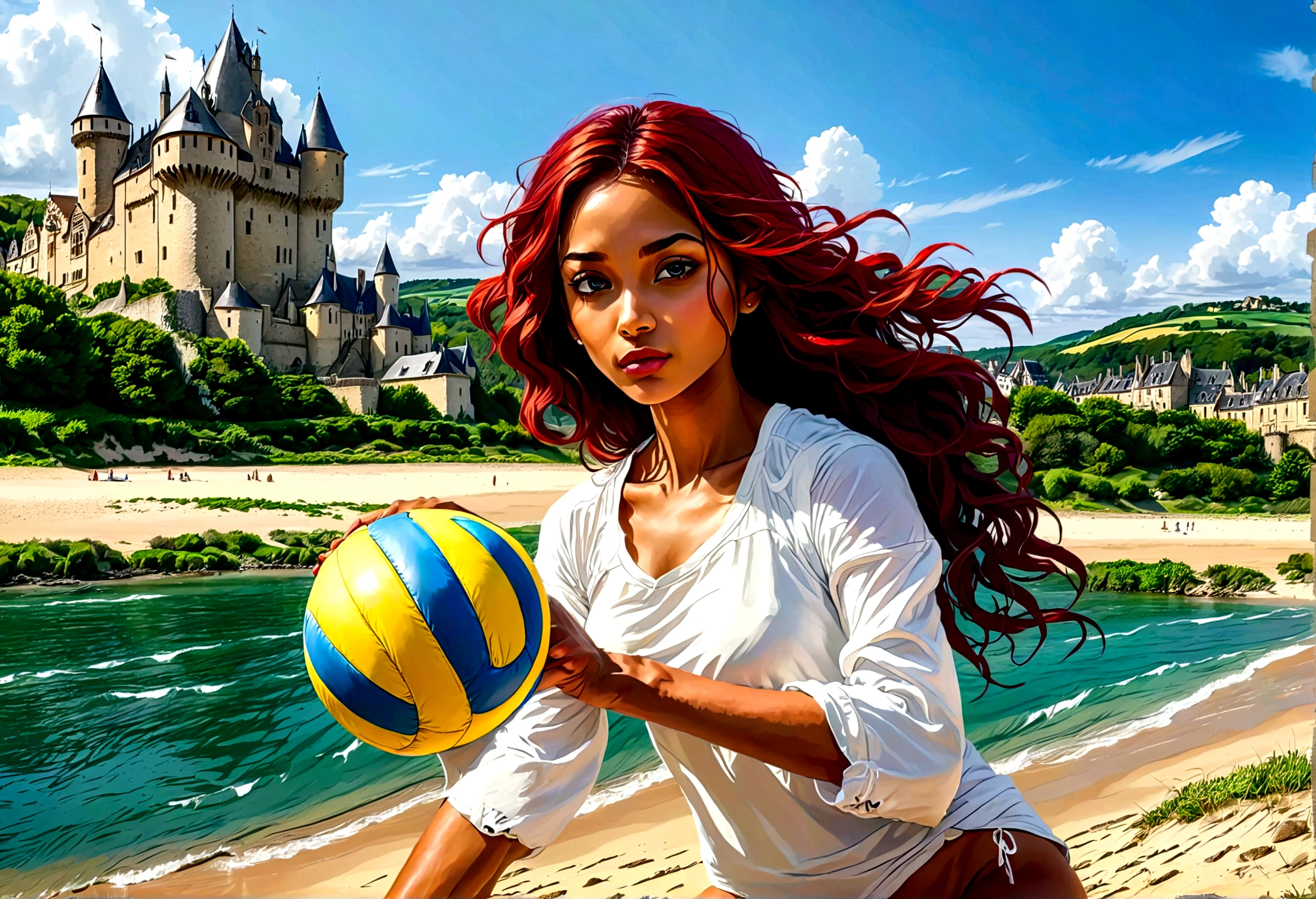 a masterful picture of a woman playing volley ball on an on coast of the Loir river, an extraordinary beautiful renaissance woman, long hair, wavy hair, dynamic hair color, dynamic eye color, playing volley ball in a beautiful beach on the Loir river, best detailed face, a French medieval castle on the river bank in the background, Ultra-high resolution, High Contrast, (masterpiece:1.5), highest quality, Best aesthetics), best details, best quality, highres, 16k, [ultra detailed], masterpiece, best quality, (extremely detailed), Intense gaze, chumbasket art style, 