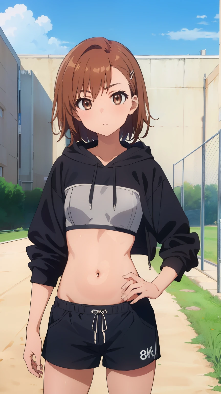 (masterpiece, best quality, 8k:1.2),Very detailed, (anime:1.1), misaka_mikoto, brown hair, medium hair, hairpin, , medium breasts, 1girl, (Open the hoodie, hoodie, Sports Bra,belly button, Shorts), Cowboy shot, looking at viewer,