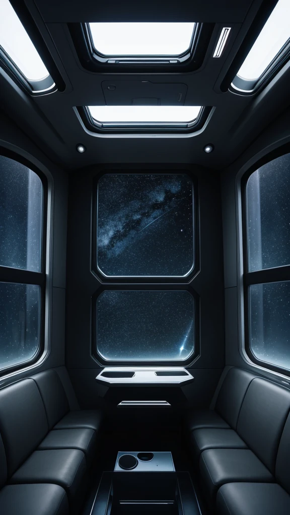 Spaceship interior,  window looking out into black stary space, common area