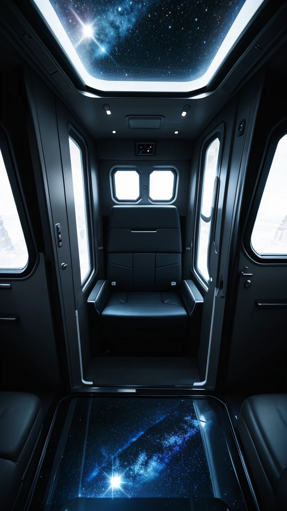Spaceship interior, window looking out into black stary space, common area