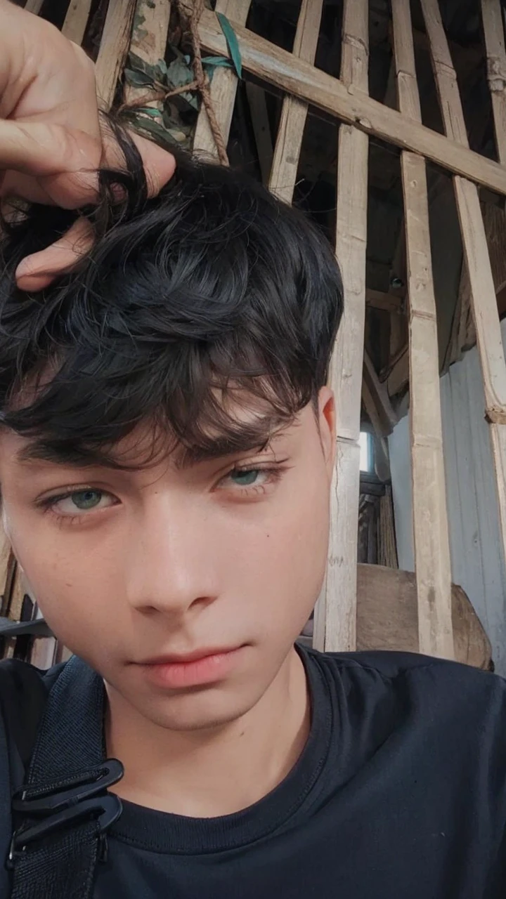 boy with medium long margenta hair, green eyes, detailed and happy face, best quality work, 16k