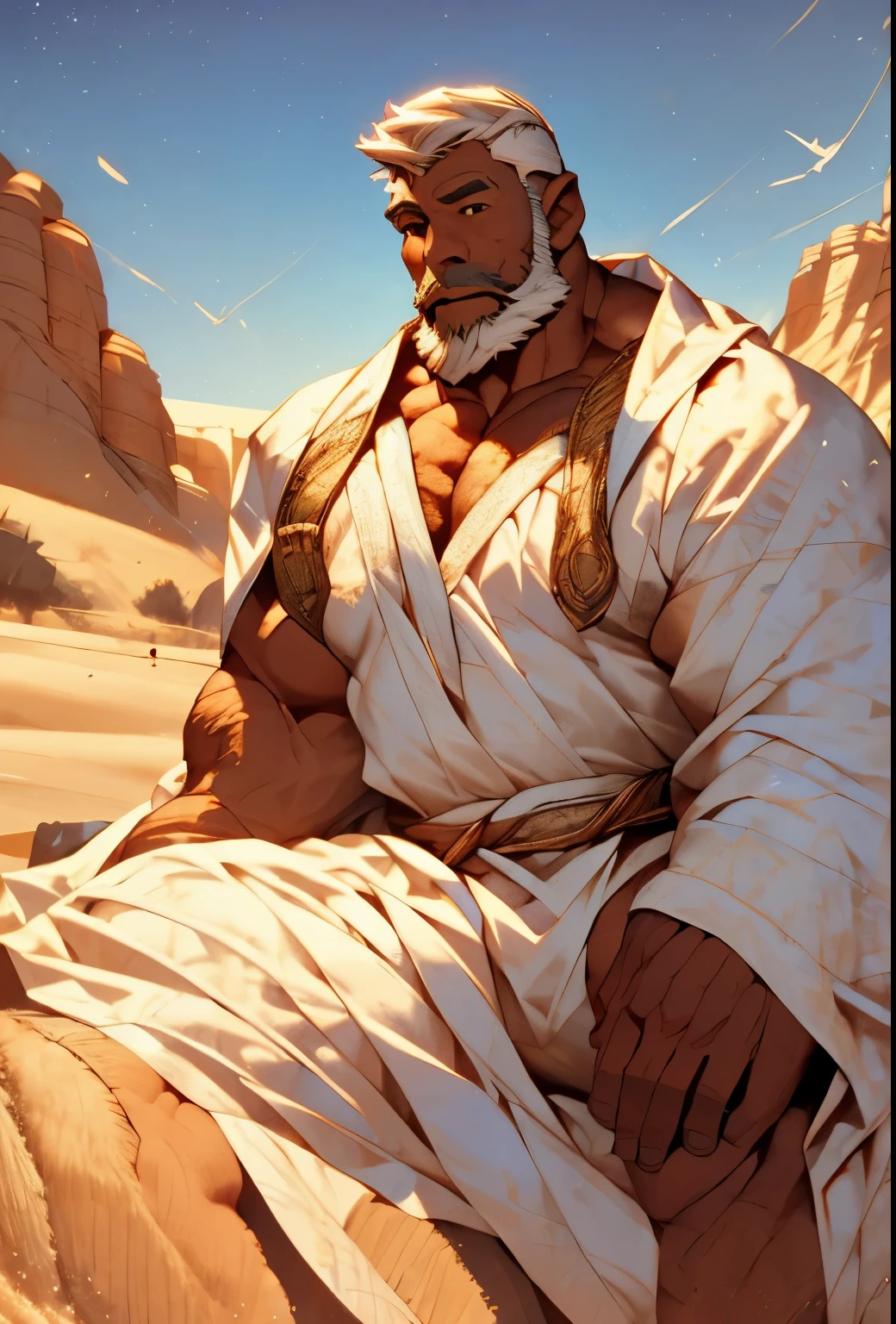 Bedouin, Wide shot Landscape, 8K, At sundown, Soft Purple hue colour landscape, Wide expansive landscape, Realistic, Large, Sand dunes, grass patches, distant oasis, Arabian Nights inspired, Profile of a bald old muscular Man sitting on sand wearing white desert robes
